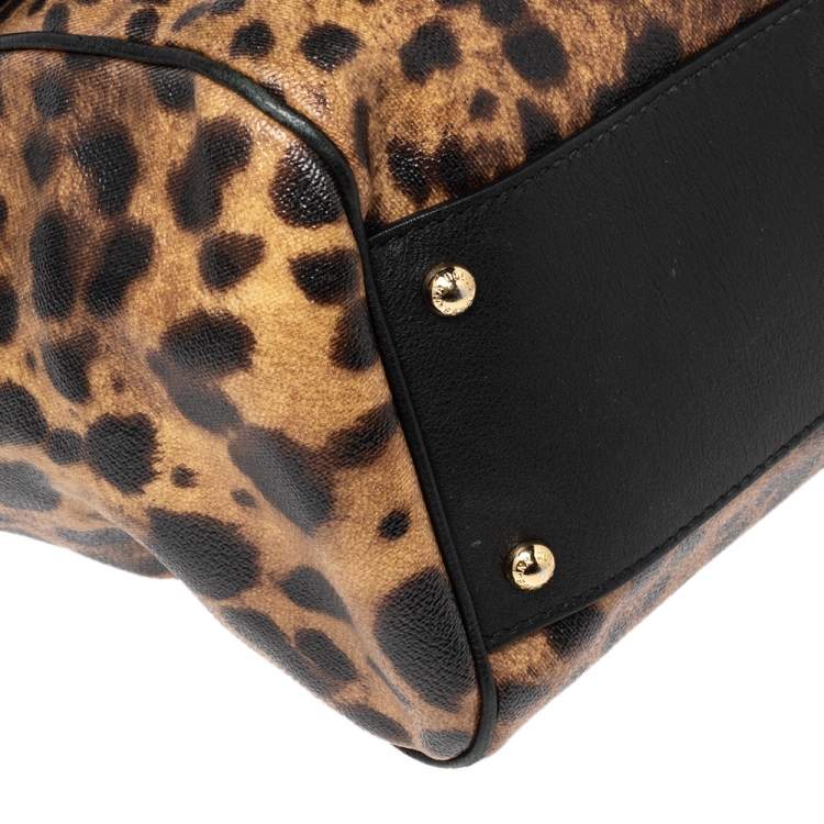 Pre Owned Dolce & Gabbana Black/Brown Leopard Print Coated Canvas and Leather Large Miss Sicily Top Handle Bag