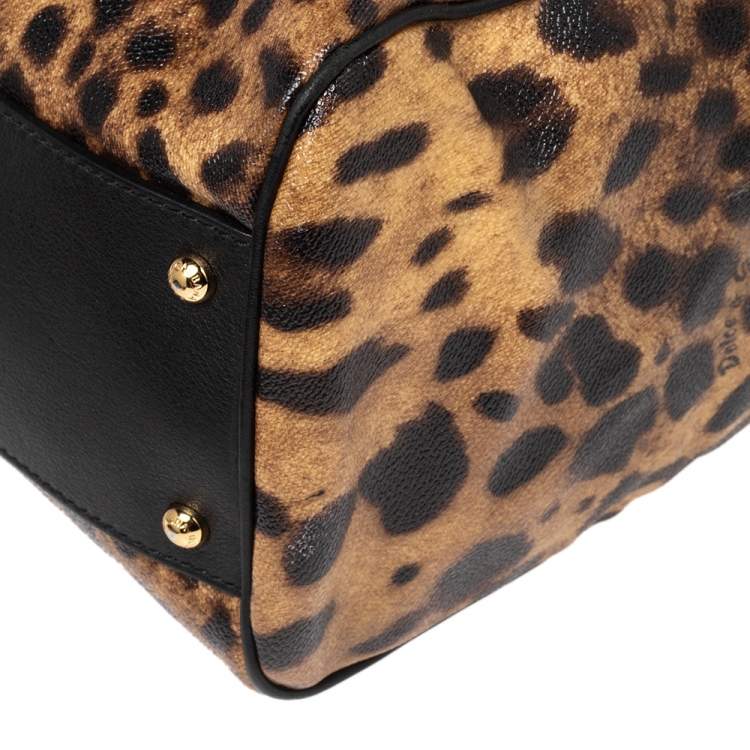 Pre Owned Dolce & Gabbana Black/Brown Leopard Print Coated Canvas and Leather Large Miss Sicily Top Handle Bag