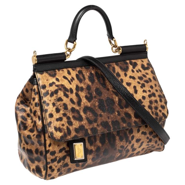 Pre Owned Dolce & Gabbana Black/Brown Leopard Print Coated Canvas and Leather Large Miss Sicily Top Handle Bag