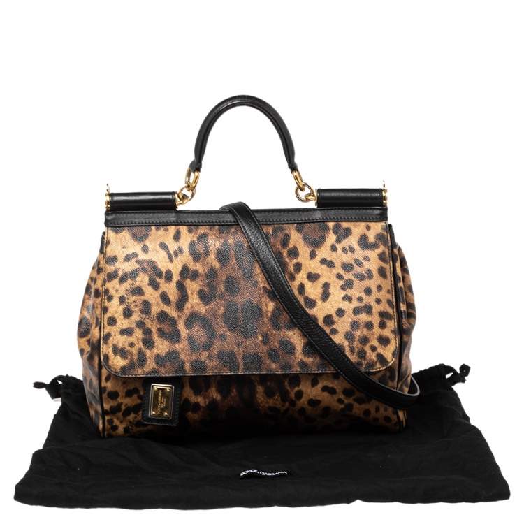 Pre Owned Dolce & Gabbana Black/Brown Leopard Print Coated Canvas and Leather Large Miss Sicily Top Handle Bag