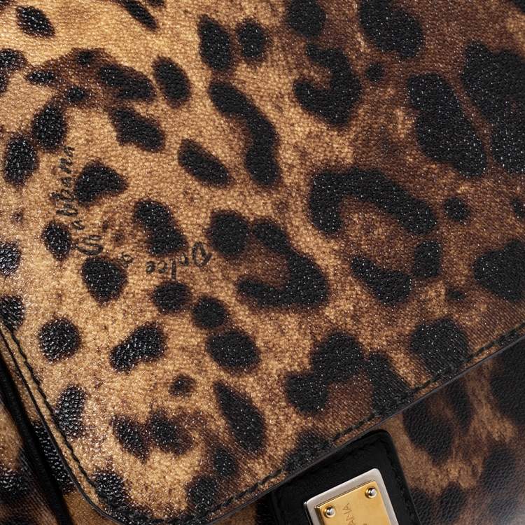 Pre Owned Dolce & Gabbana Black/Brown Leopard Print Coated Canvas and Leather Large Miss Sicily Top Handle Bag