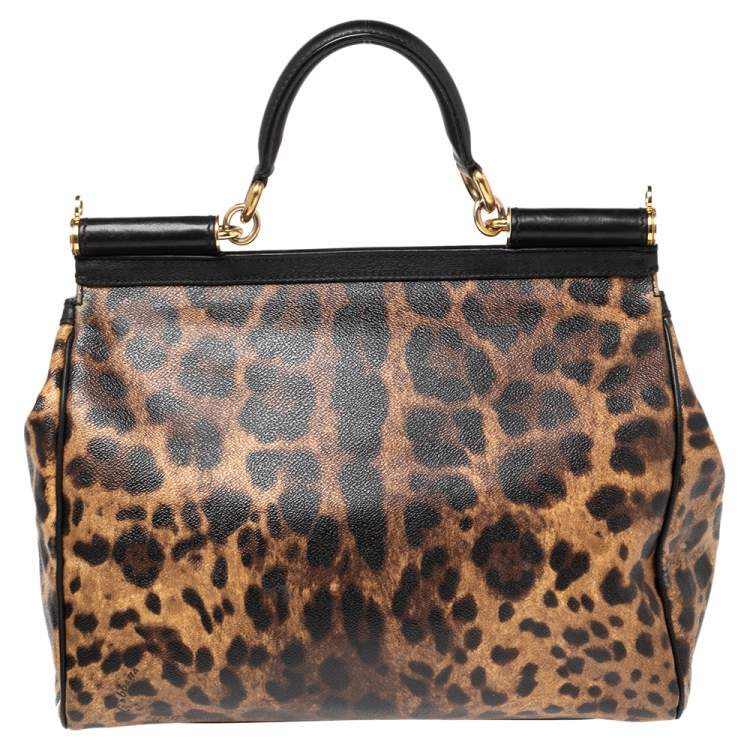 Pre Owned Dolce & Gabbana Black/Brown Leopard Print Coated Canvas and Leather Large Miss Sicily Top Handle Bag