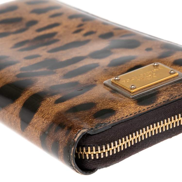 Pre Owned Dolce & Gabbana Brown Leopard Print Patent Leather Zip Around Organizer Wallet