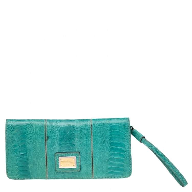 Pre Owned Dolce & Gabbana Blue Ostrich Leather Miss Zoe Wristlet Clutch