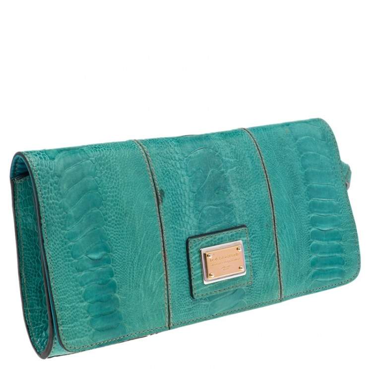 Pre Owned Dolce & Gabbana Blue Ostrich Leather Miss Zoe Wristlet Clutch