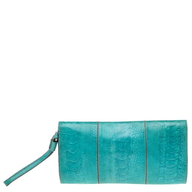 Pre Owned Dolce & Gabbana Blue Ostrich Leather Miss Zoe Wristlet Clutch