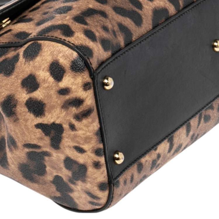 Pre Owned Dolce & Gabbana Black/Brown Leopard Print Coated Canvas Large Miss Sicily Top Handle Bag
