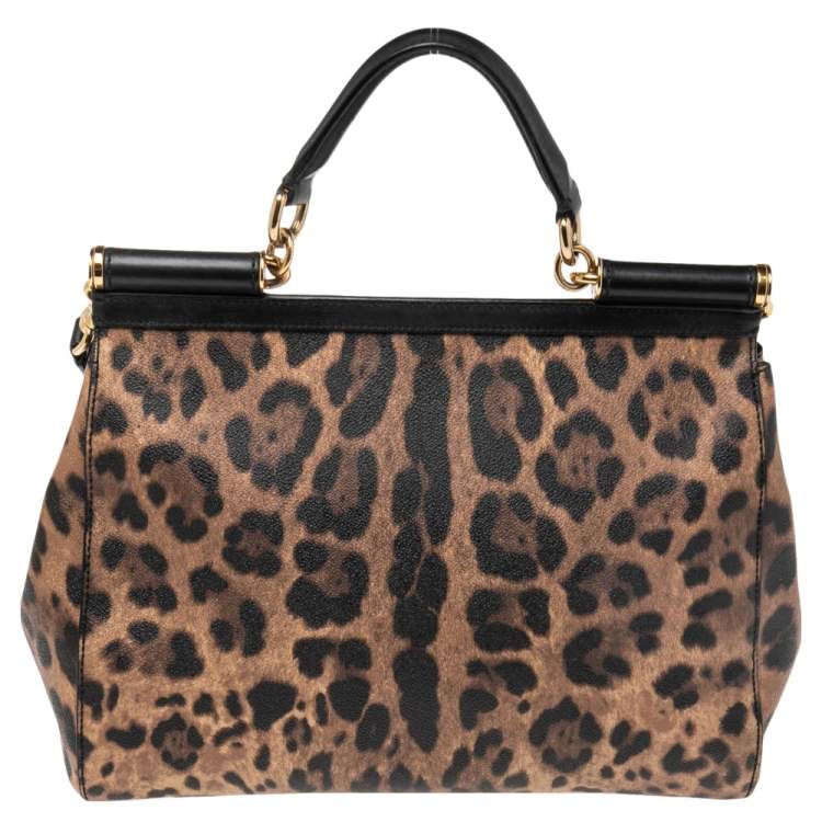 Pre Owned Dolce & Gabbana Black/Brown Leopard Print Coated Canvas Large Miss Sicily Top Handle Bag