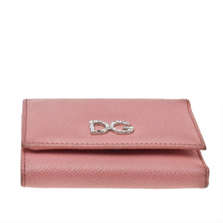 Pre Owned Dolce & Gabbana Pink Leather DG Crystal Embellished Trifold Wallet