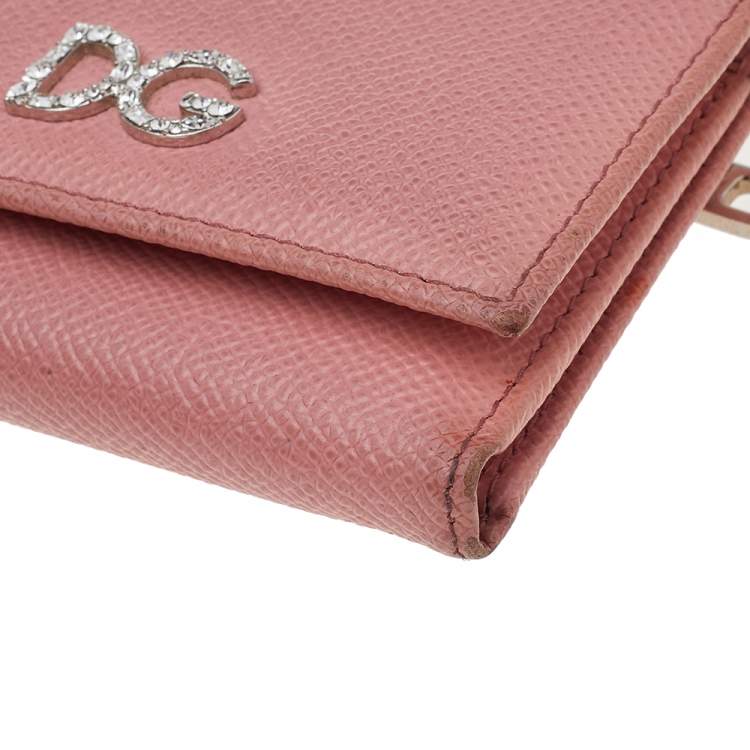Pre Owned Dolce & Gabbana Pink Leather DG Crystal Embellished Trifold Wallet