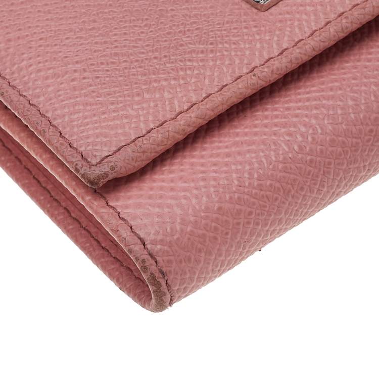 Pre Owned Dolce & Gabbana Pink Leather DG Crystal Embellished Trifold Wallet