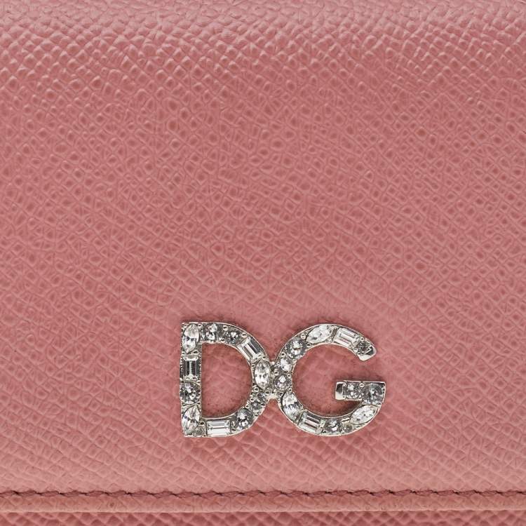 Pre Owned Dolce & Gabbana Pink Leather DG Crystal Embellished Trifold Wallet