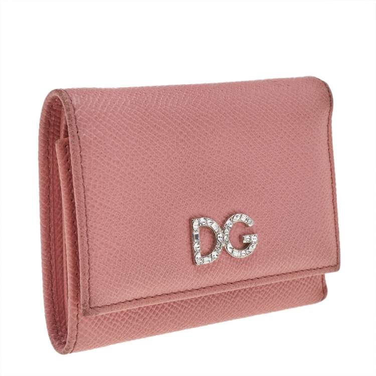 Pre Owned Dolce & Gabbana Pink Leather DG Crystal Embellished Trifold Wallet