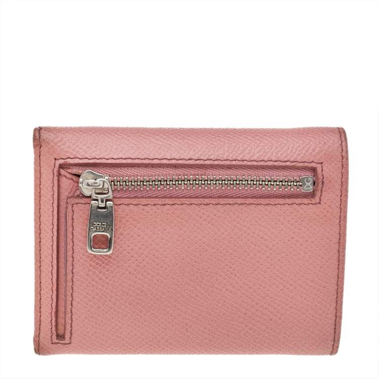Pre Owned Dolce & Gabbana Pink Leather DG Crystal Embellished Trifold Wallet