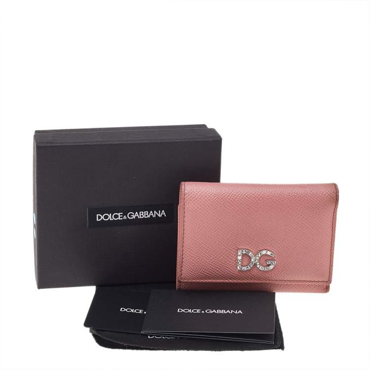 Pre Owned Dolce & Gabbana Pink Leather DG Crystal Embellished Trifold Wallet