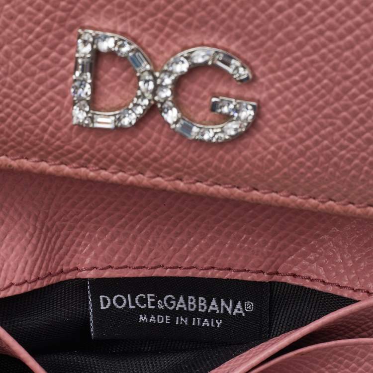 Pre Owned Dolce & Gabbana Pink Leather DG Crystal Embellished Trifold Wallet