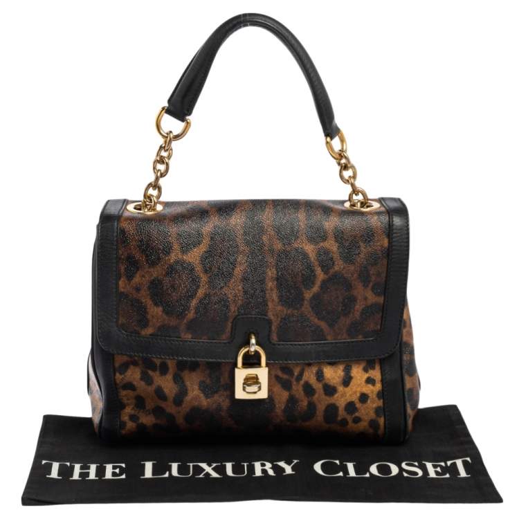 Pre Owned Dolce & Gabbana Black/Brown Leopard Print Coated Canvas and Leather Padlock Top Handle Bag