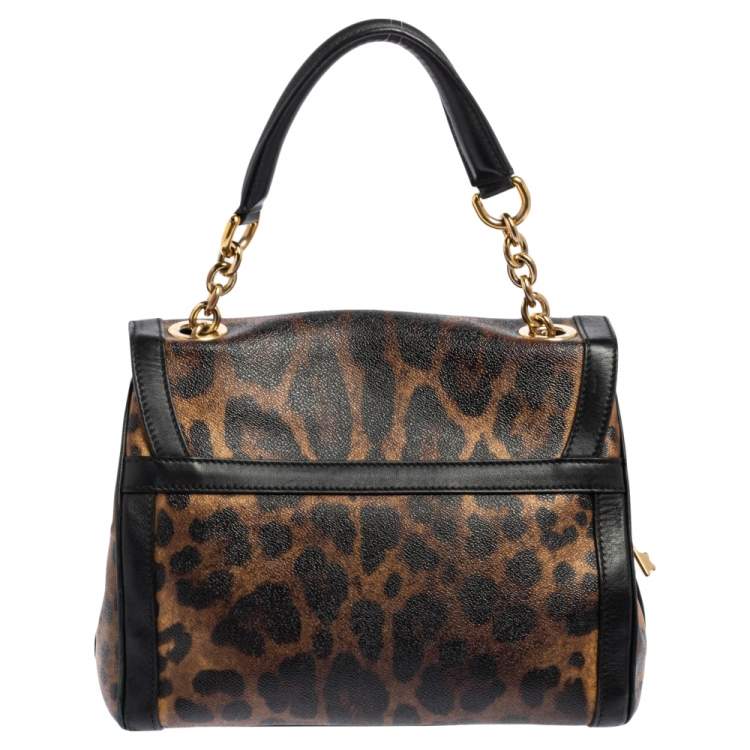 Pre Owned Dolce & Gabbana Black/Brown Leopard Print Coated Canvas and Leather Padlock Top Handle Bag