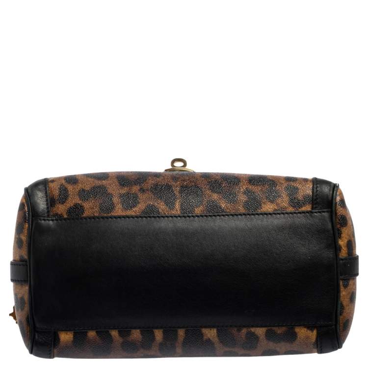 Pre Owned Dolce & Gabbana Black/Brown Leopard Print Coated Canvas and Leather Padlock Top Handle Bag