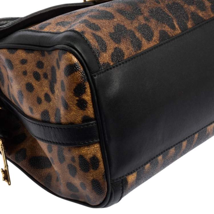 Pre Owned Dolce & Gabbana Black/Brown Leopard Print Coated Canvas and Leather Padlock Top Handle Bag