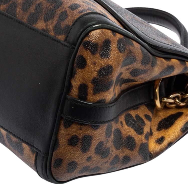 Pre Owned Dolce & Gabbana Black/Brown Leopard Print Coated Canvas and Leather Padlock Top Handle Bag