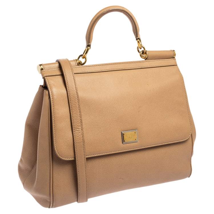 Pre Owned Dolce & Gabbana Beige Leather Large Miss Sicily Top Handle Bag