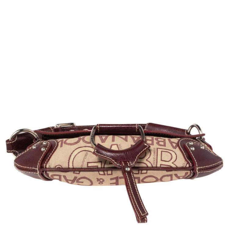 Pre Owned Dolce & Gabbana Burgundy Signature Fabric and Leather D Ring Baguette Bag