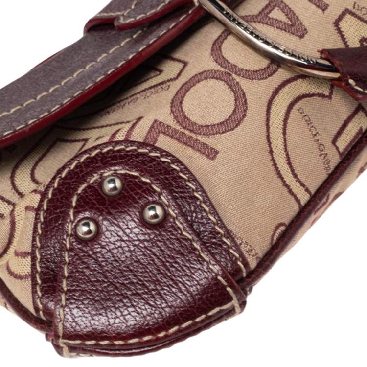 Pre Owned Dolce & Gabbana Burgundy Signature Fabric and Leather D Ring Baguette Bag