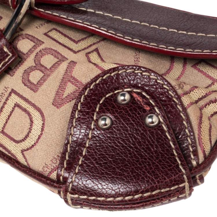 Pre Owned Dolce & Gabbana Burgundy Signature Fabric and Leather D Ring Baguette Bag