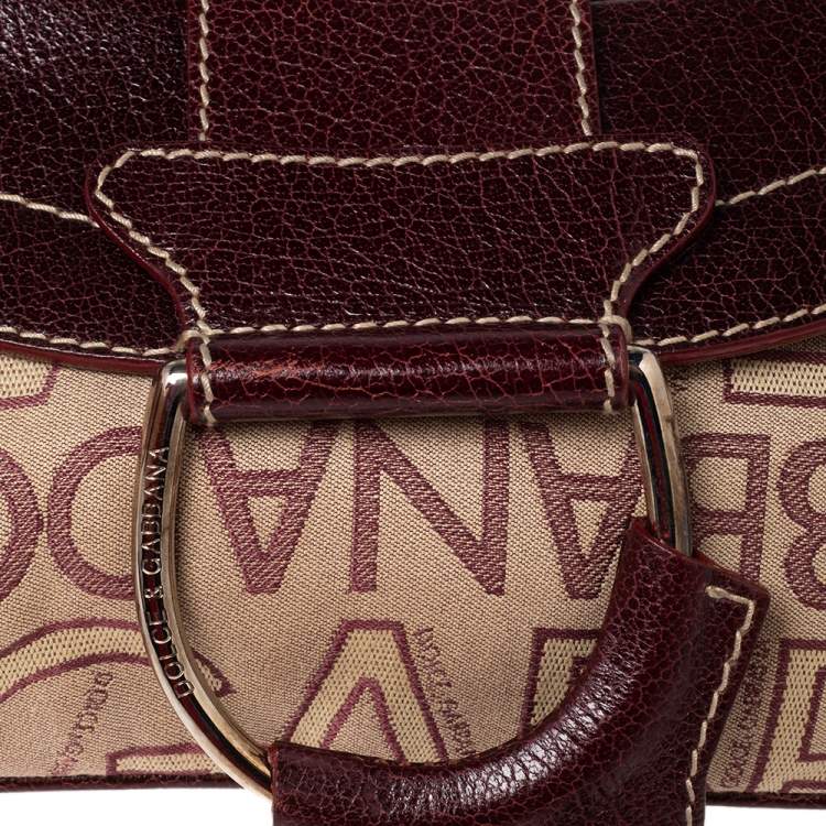 Pre Owned Dolce & Gabbana Burgundy Signature Fabric and Leather D Ring Baguette Bag