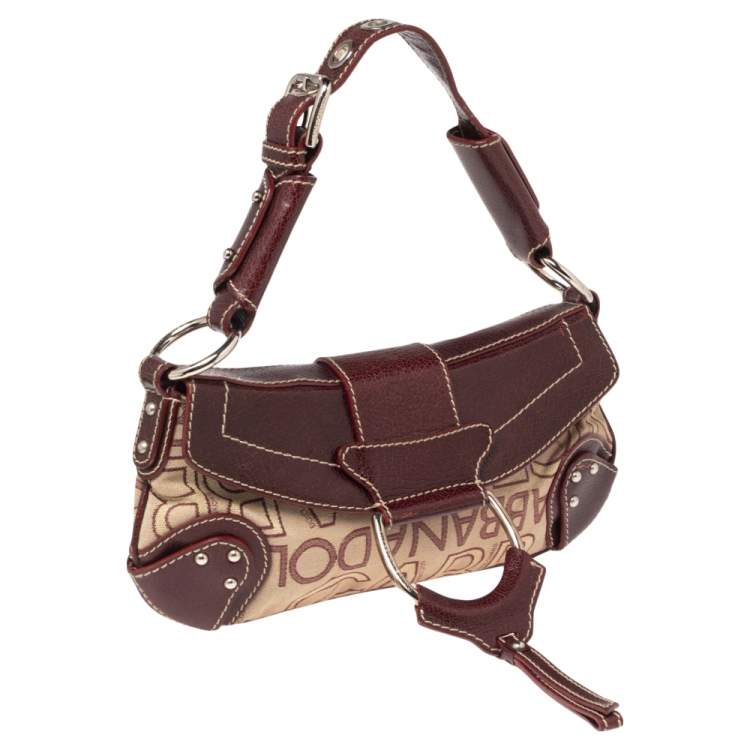 Pre Owned Dolce & Gabbana Burgundy Signature Fabric and Leather D Ring Baguette Bag