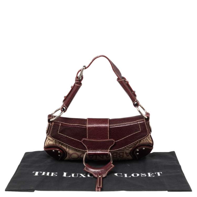 Pre Owned Dolce & Gabbana Burgundy Signature Fabric and Leather D Ring Baguette Bag