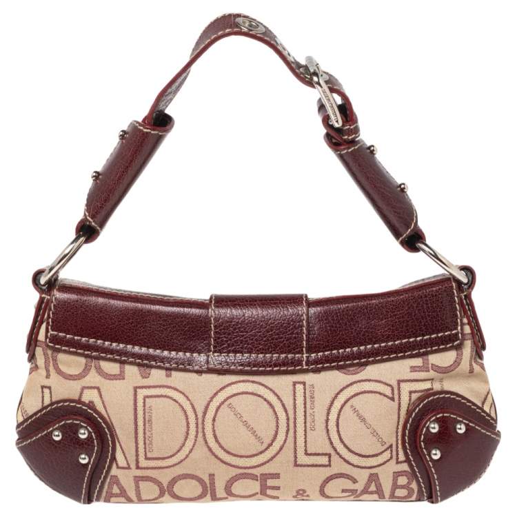Pre Owned Dolce & Gabbana Burgundy Signature Fabric and Leather D Ring Baguette Bag
