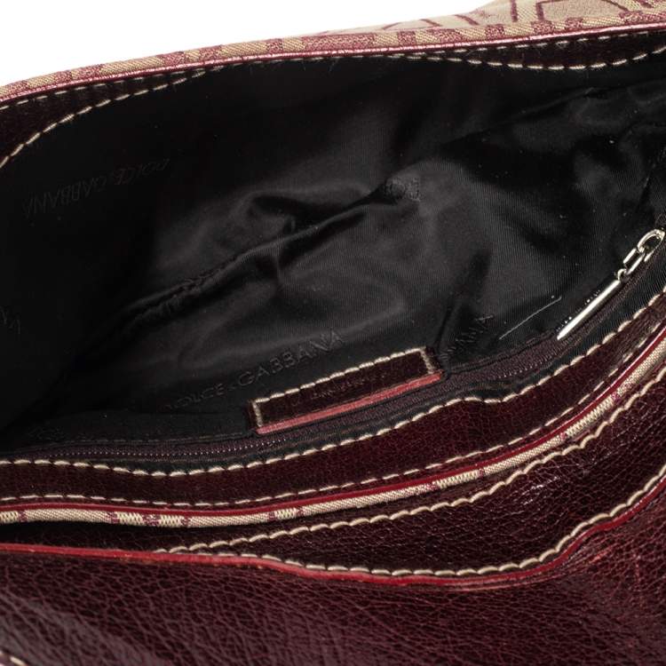 Pre Owned Dolce & Gabbana Burgundy Signature Fabric and Leather D Ring Baguette Bag