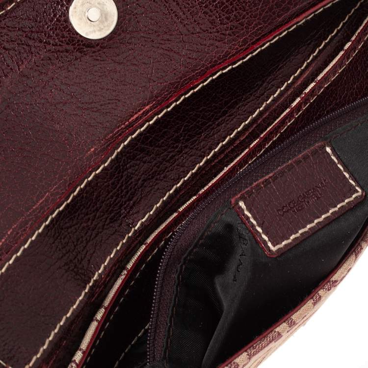 Pre Owned Dolce & Gabbana Burgundy Signature Fabric and Leather D Ring Baguette Bag