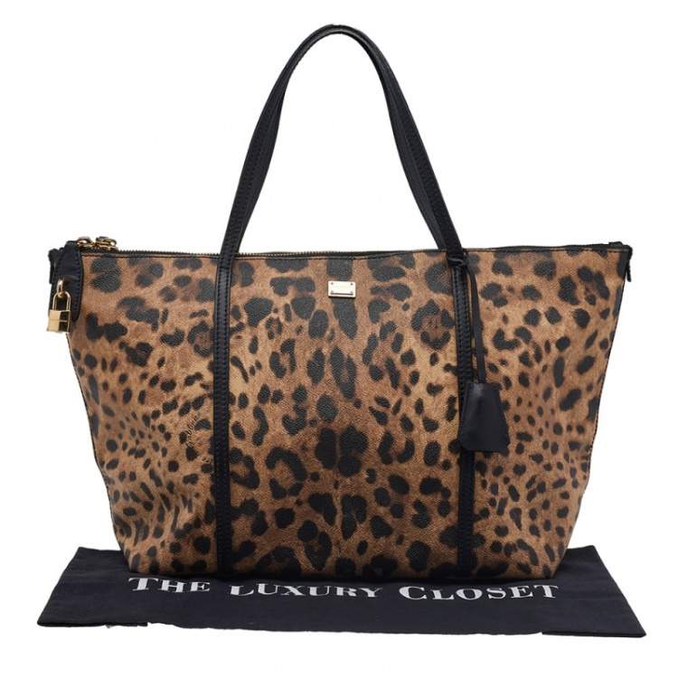 Pre Owned Dolce & Gabbana Black/Beige Leopard Print Coated Canvas and Leather Miss Escape Tote
