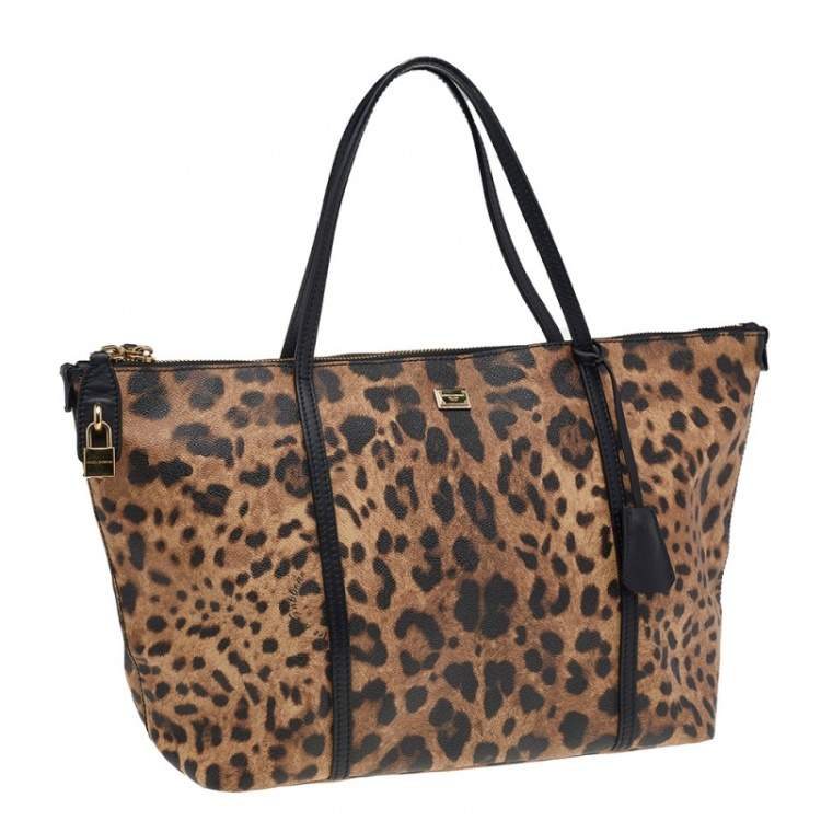 Pre Owned Dolce & Gabbana Black/Beige Leopard Print Coated Canvas and Leather Miss Escape Tote