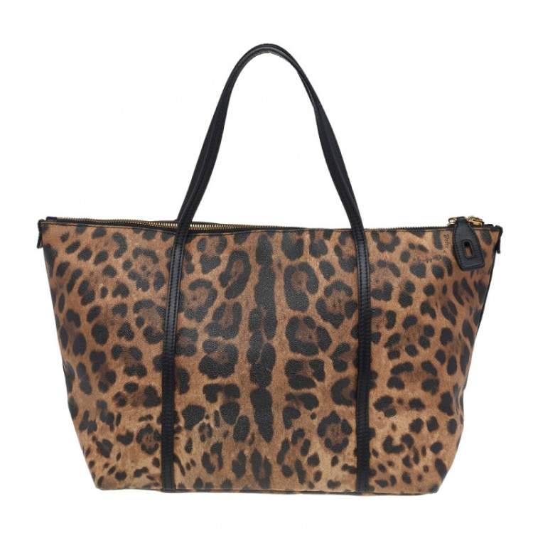 Pre Owned Dolce & Gabbana Black/Beige Leopard Print Coated Canvas and Leather Miss Escape Tote