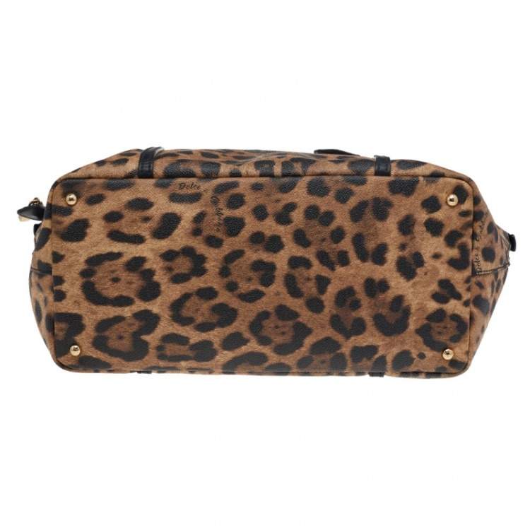 Pre Owned Dolce & Gabbana Black/Beige Leopard Print Coated Canvas and Leather Miss Escape Tote