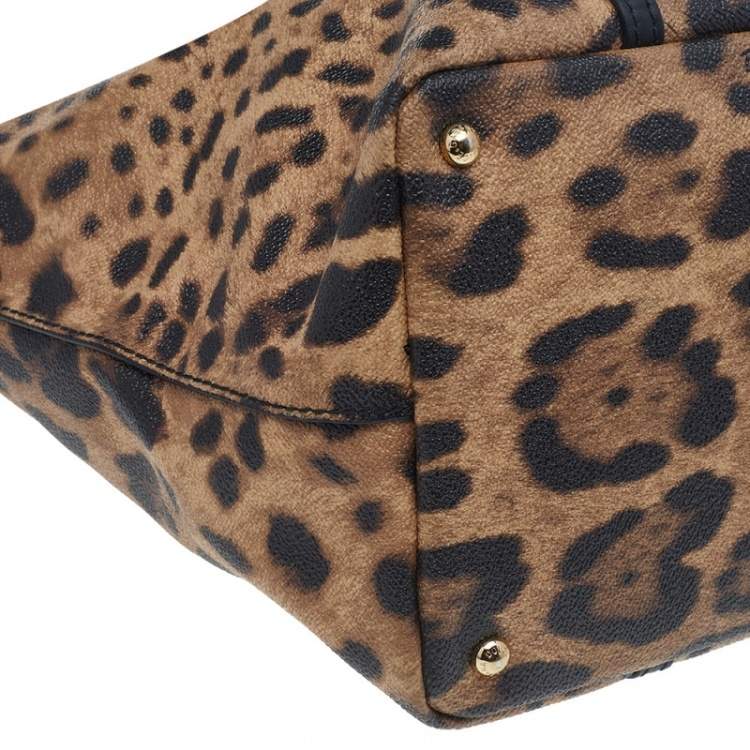 Pre Owned Dolce & Gabbana Black/Beige Leopard Print Coated Canvas and Leather Miss Escape Tote