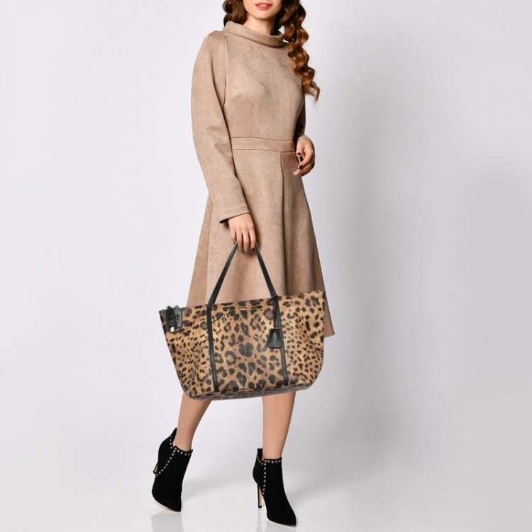 Pre Owned Dolce & Gabbana Black/Beige Leopard Print Coated Canvas and Leather Miss Escape Tote