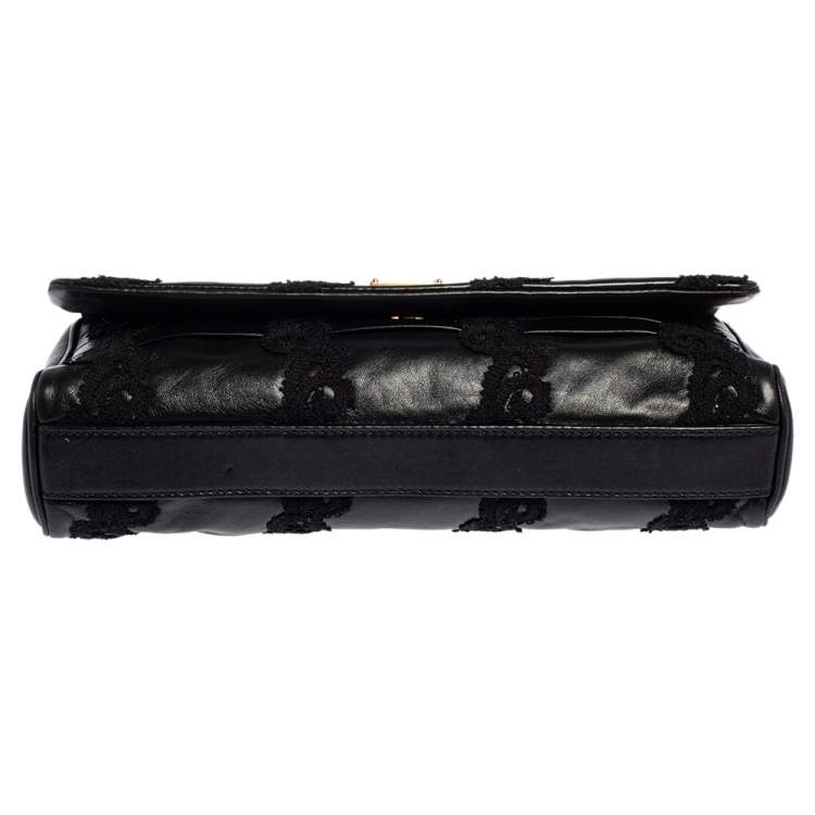 Pre Owned Dolce & Gabbana Black Lace Leather Flap Chain Shoulder Bag