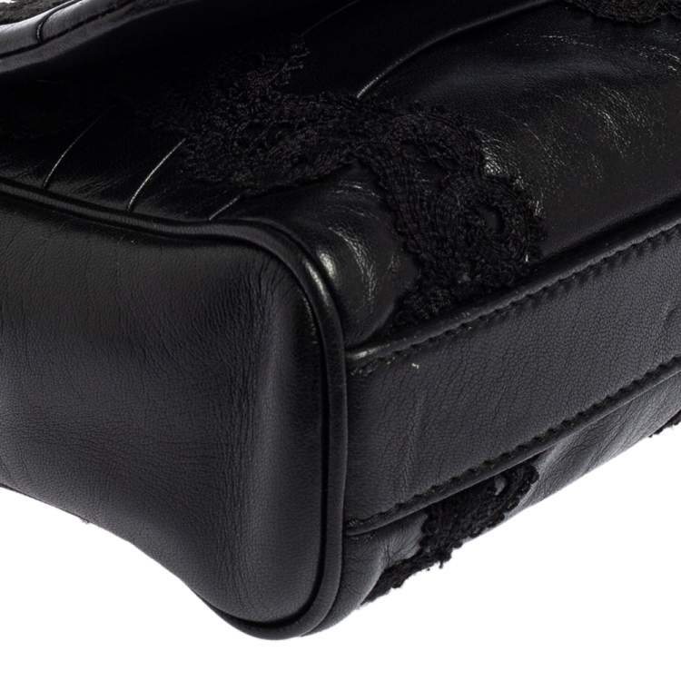 Pre Owned Dolce & Gabbana Black Lace Leather Flap Chain Shoulder Bag