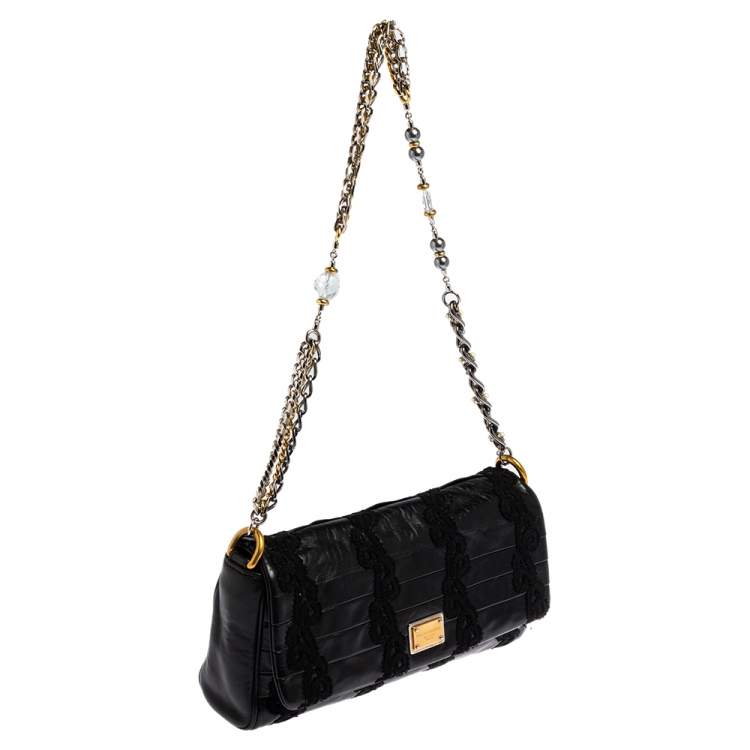 Pre Owned Dolce & Gabbana Black Lace Leather Flap Chain Shoulder Bag