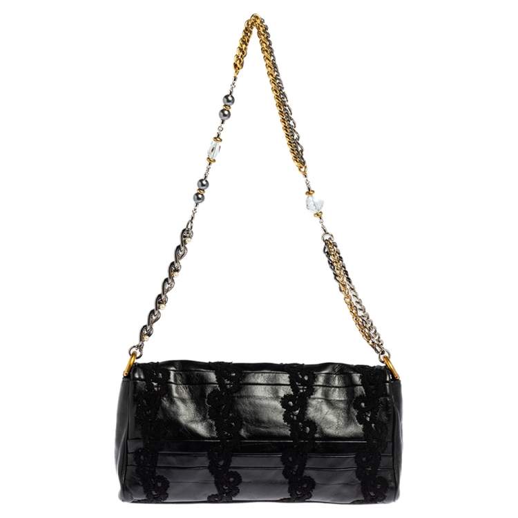 Pre Owned Dolce & Gabbana Black Lace Leather Flap Chain Shoulder Bag