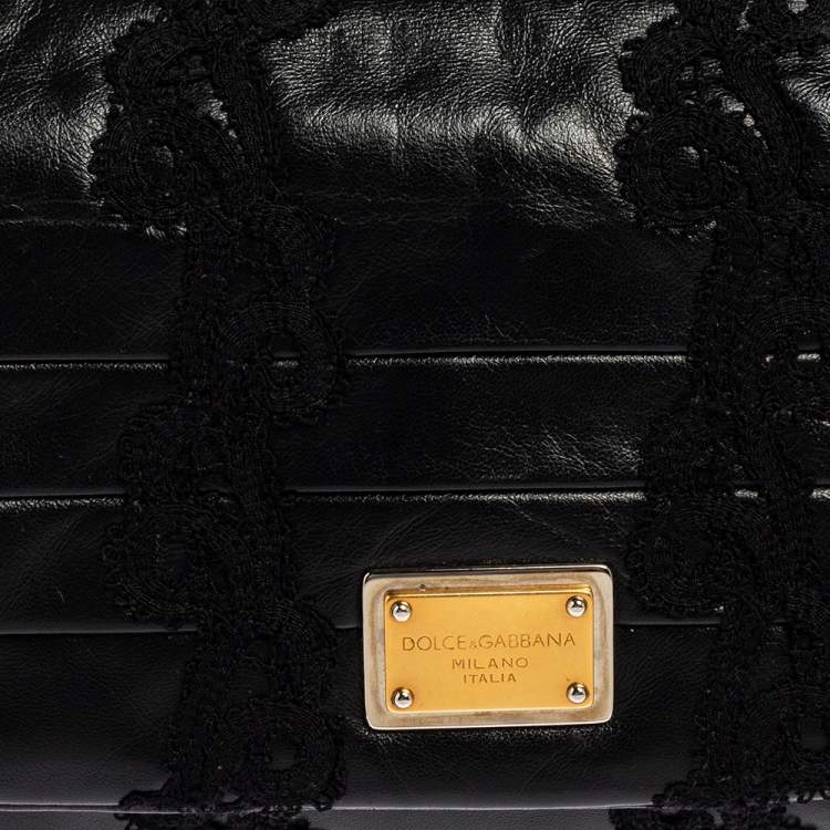 Pre Owned Dolce & Gabbana Black Lace Leather Flap Chain Shoulder Bag