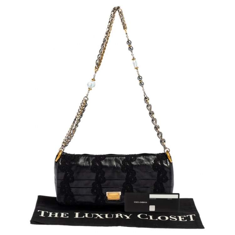 Pre Owned Dolce & Gabbana Black Lace Leather Flap Chain Shoulder Bag