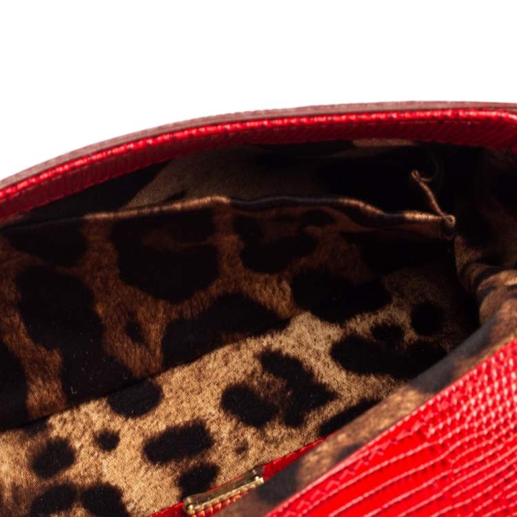 Pre Owned Dolce & Gabbana Red Croc Embossed Leather Small Miss Sicily Top Handle Bag