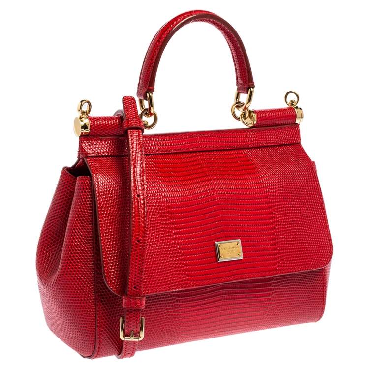 Pre Owned Dolce & Gabbana Red Croc Embossed Leather Small Miss Sicily Top Handle Bag