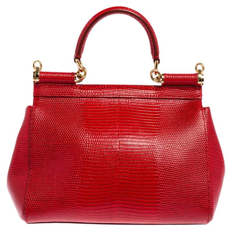 Pre Owned Dolce & Gabbana Red Croc Embossed Leather Small Miss Sicily Top Handle Bag